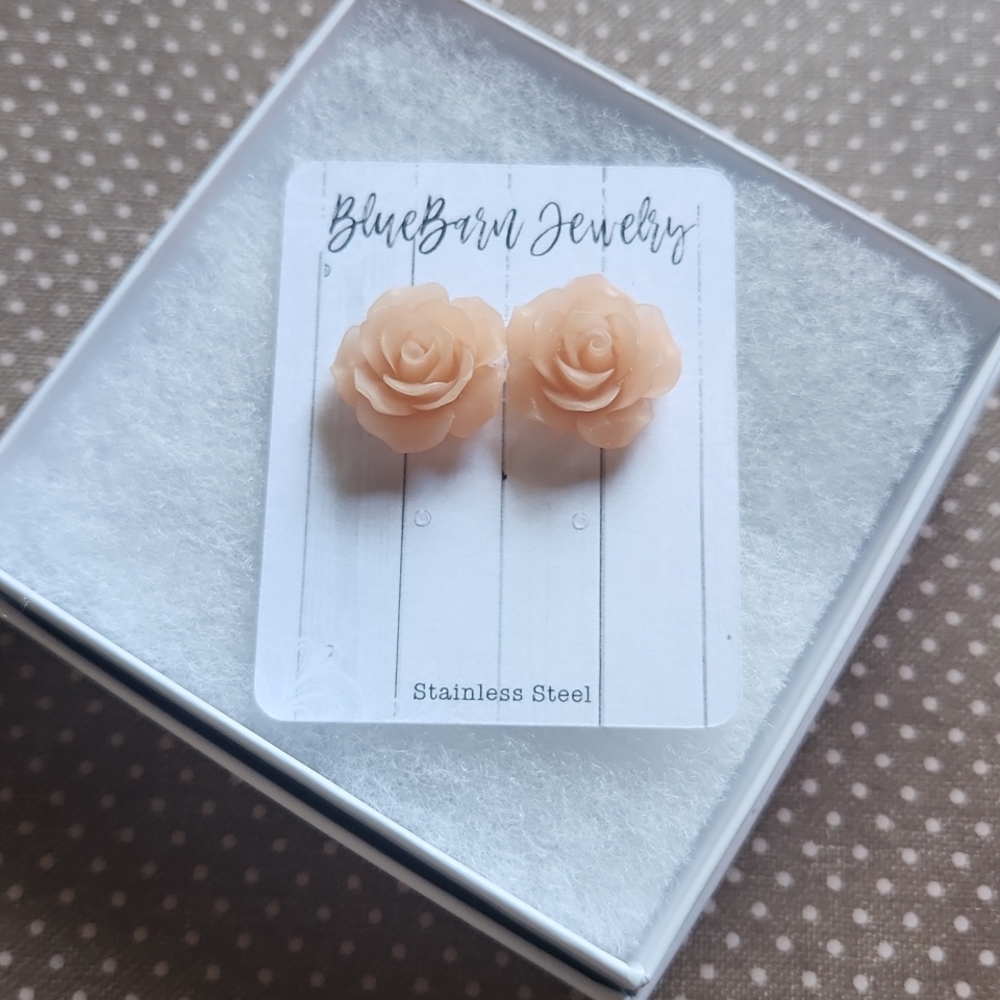 Handmade Peach Rose Stud Earrings - Stainless Steel Posts